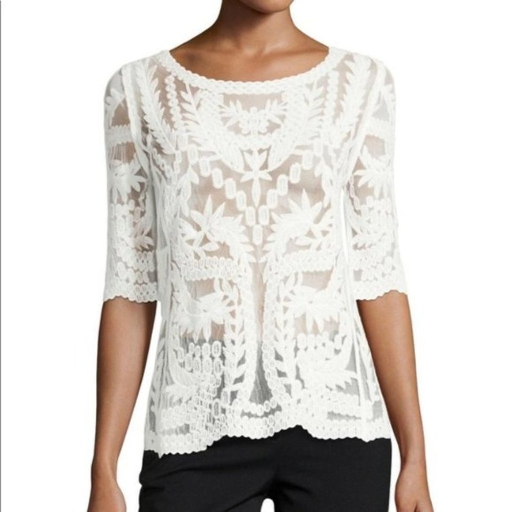 Laundry by Shelli Segal White Lace / Embroidered Sheer Top - Medium